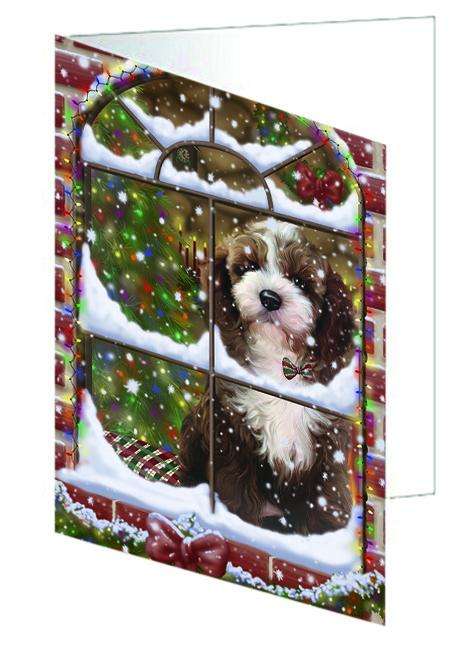 Please Come Home For Christmas Cockapoo Dog Sitting In Window Handmade Artwork Assorted Pets Greeting Cards and Note Cards with Envelopes for All Occasions and Holiday Seasons GCD64901