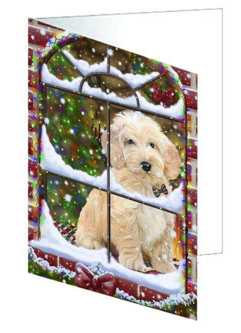Please Come Home For Christmas Cockapoo Dog Sitting In Window Handmade Artwork Assorted Pets Greeting Cards and Note Cards with Envelopes for All Occasions and Holiday Seasons GCD64904