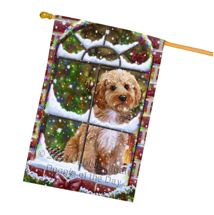 Please Come Home For Christmas Cockapoo Dog Sitting In Window House Flag FLG53821