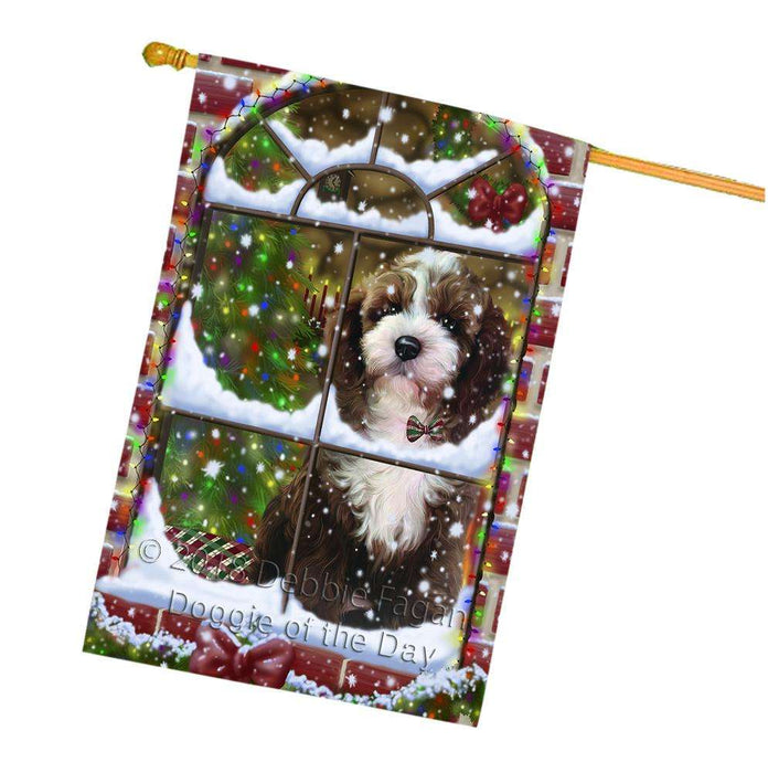 Please Come Home For Christmas Cockapoo Dog Sitting In Window House Flag FLG53822