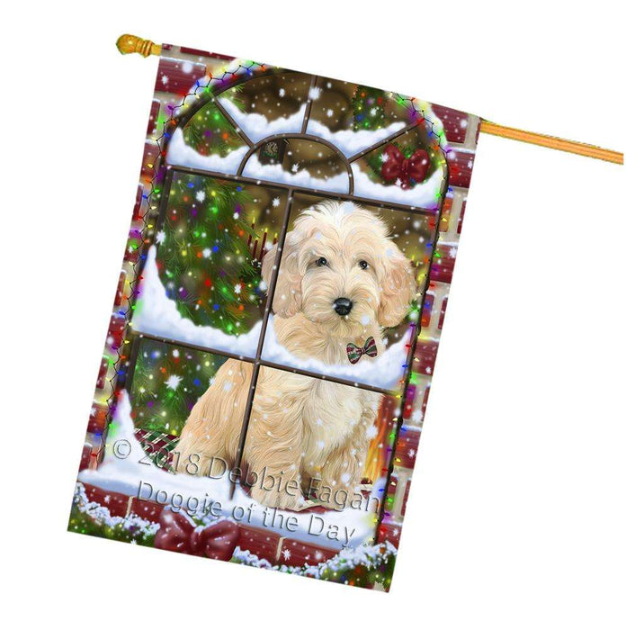 Please Come Home For Christmas Cockapoo Dog Sitting In Window House Flag FLG53823