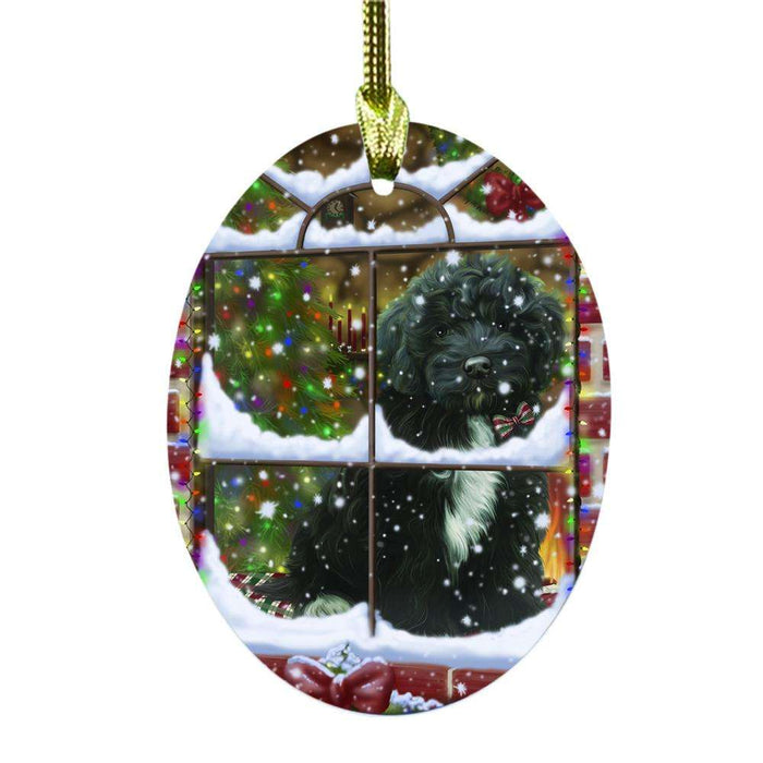 Please Come Home For Christmas Cockapoo Dog Sitting In Window Oval Glass Christmas Ornament OGOR49155