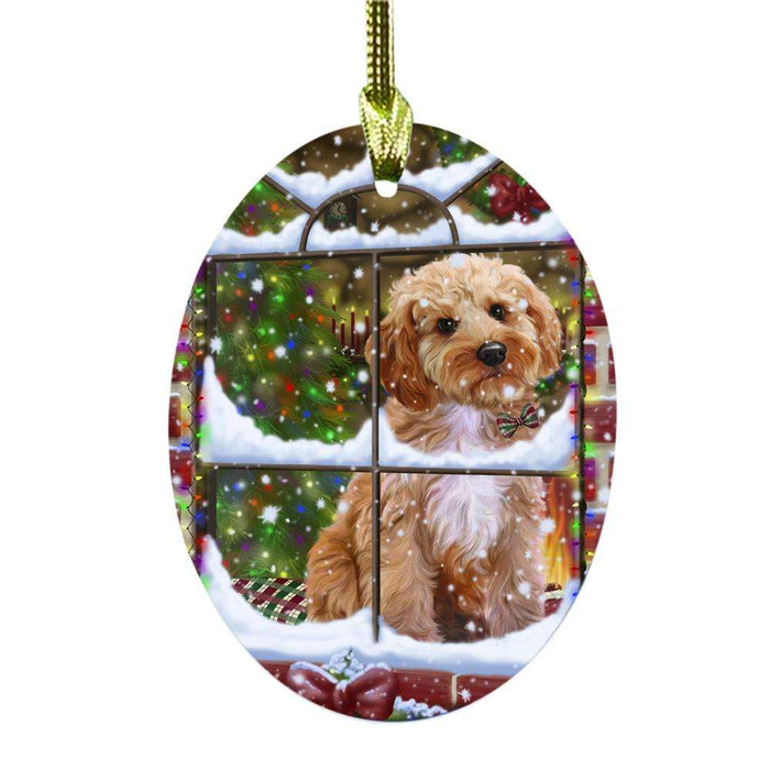 Please Come Home For Christmas Cockapoo Dog Sitting In Window Oval Glass Christmas Ornament OGOR49156