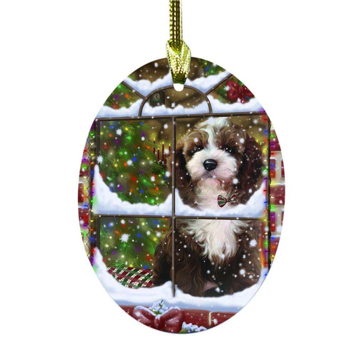 Please Come Home For Christmas Cockapoo Dog Sitting In Window Oval Glass Christmas Ornament OGOR49157