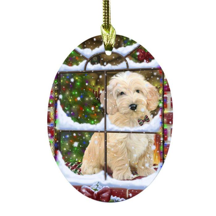 Please Come Home For Christmas Cockapoo Dog Sitting In Window Oval Glass Christmas Ornament OGOR49158