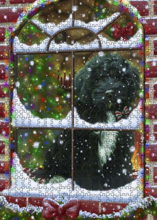 Please Come Home For Christmas Cockapoo Dog Sitting In Window Puzzle with Photo Tin PUZL81644