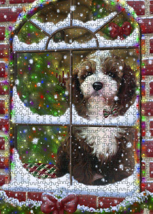 Please Come Home For Christmas Cockapoo Dog Sitting In Window Puzzle with Photo Tin PUZL81652