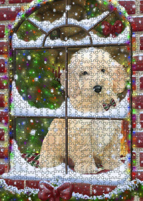 Please Come Home For Christmas Cockapoo Dog Sitting In Window Puzzle with Photo Tin PUZL81656