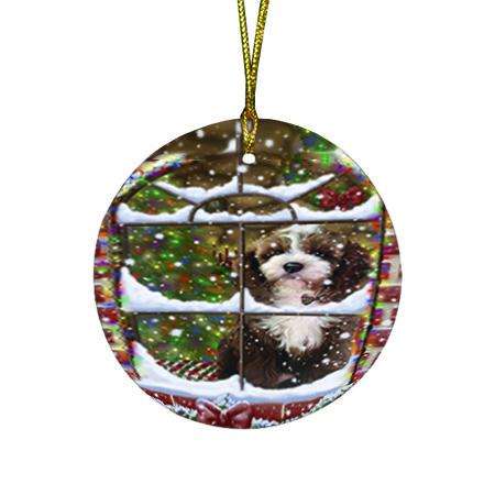 Please Come Home For Christmas Cockapoo Dog Sitting In Window Round Flat Christmas Ornament RFPOR53615