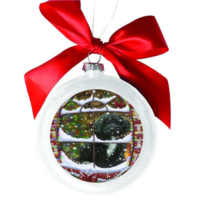 Please Come Home For Christmas Cockapoo Dog Sitting In Window White Round Ball Christmas Ornament WBSOR49155
