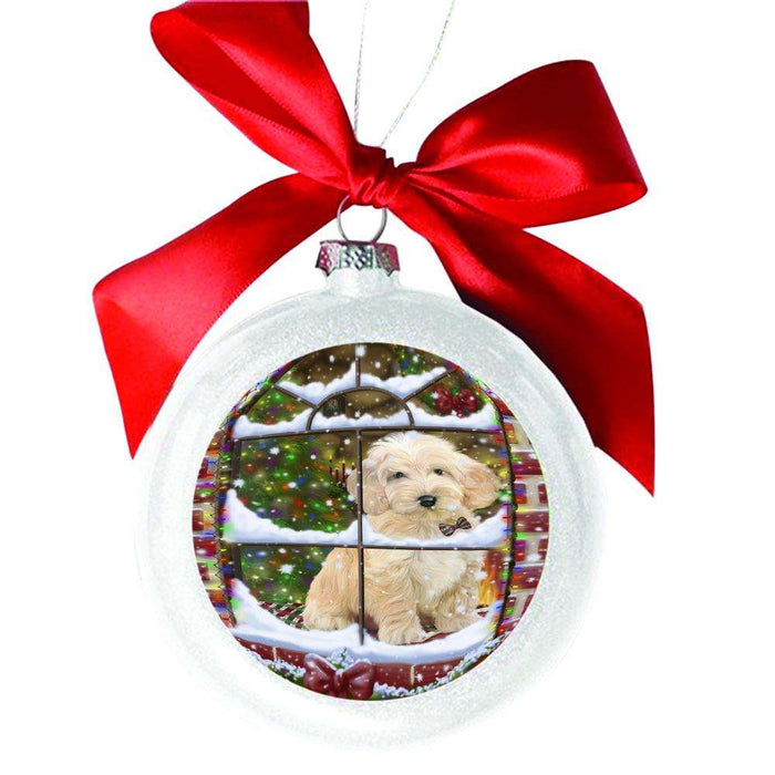 Please Come Home For Christmas Cockapoo Dog Sitting In Window White Round Ball Christmas Ornament WBSOR49158