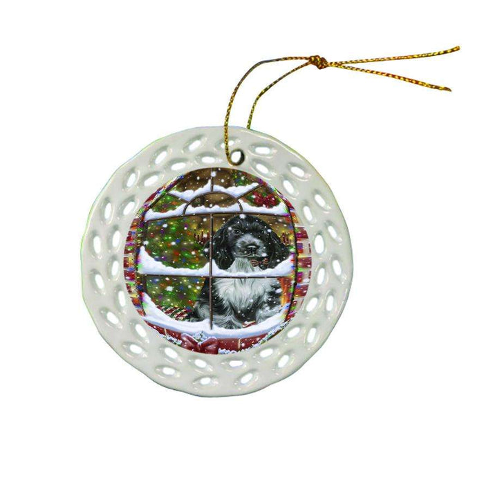 Please Come Home For Christmas Cocker Spaniel Dog Sitting In Window Ceramic Doily Ornament DPOR53628