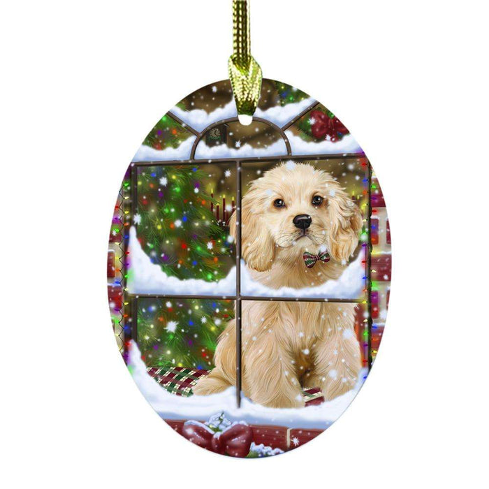 Please Come Home For Christmas Cocker Spaniel Dog Sitting In Window Oval Glass Christmas Ornament OGOR49159