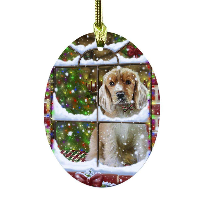 Please Come Home For Christmas Cocker Spaniel Dog Sitting In Window Oval Glass Christmas Ornament OGOR49160