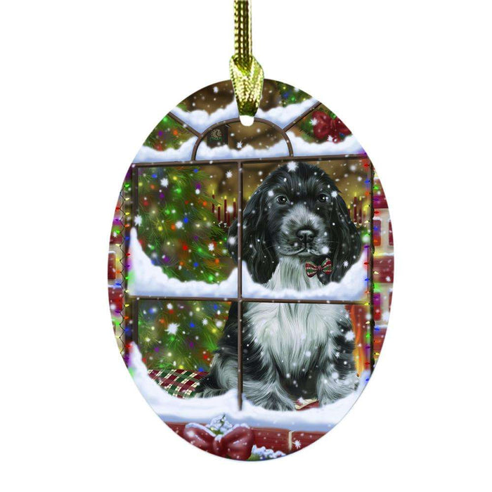 Please Come Home For Christmas Cocker Spaniel Dog Sitting In Window Oval Glass Christmas Ornament OGOR49161
