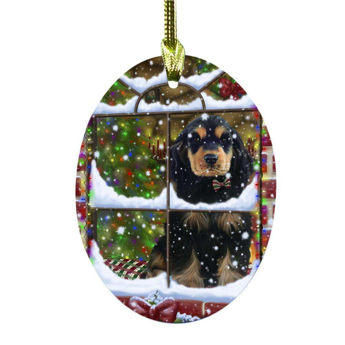 Please Come Home For Christmas Cocker Spaniel Dog Sitting In Window Oval Glass Christmas Ornament OGOR49162