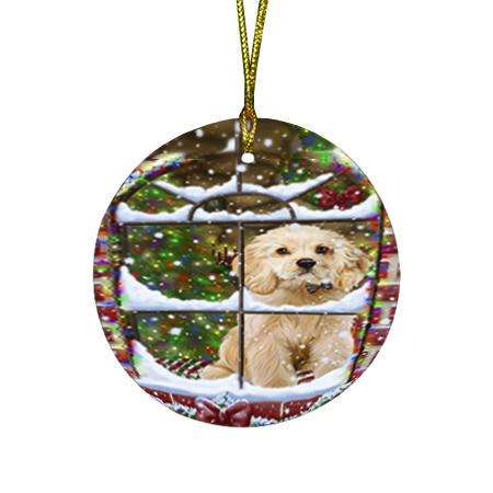 Please Come Home For Christmas Cocker Spaniel Dog Sitting In Window Round Flat Christmas Ornament RFPOR53617