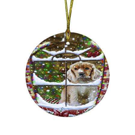 Please Come Home For Christmas Cocker Spaniel Dog Sitting In Window Round Flat Christmas Ornament RFPOR53618