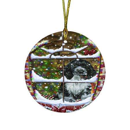 Please Come Home For Christmas Cocker Spaniel Dog Sitting In Window Round Flat Christmas Ornament RFPOR53619