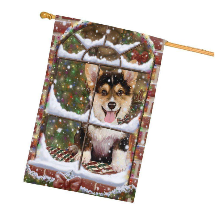Please Come Home For Christmas Corgi Dog Sitting In Window House Flag FLG48413