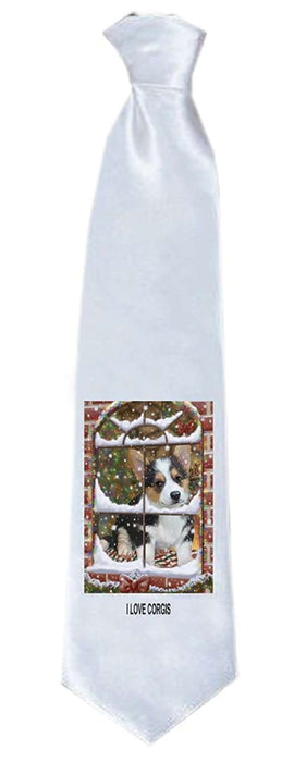 Please Come Home For Christmas Corgi Dog Sitting In Window Neck Tie TIE48224