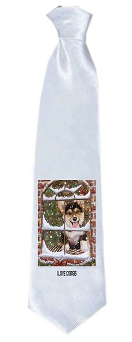 Please Come Home For Christmas Corgi Dog Sitting In Window Neck Tie TIE48225