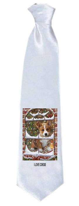 Please Come Home For Christmas Corgi Dog Sitting In Window Neck Tie TIE48226