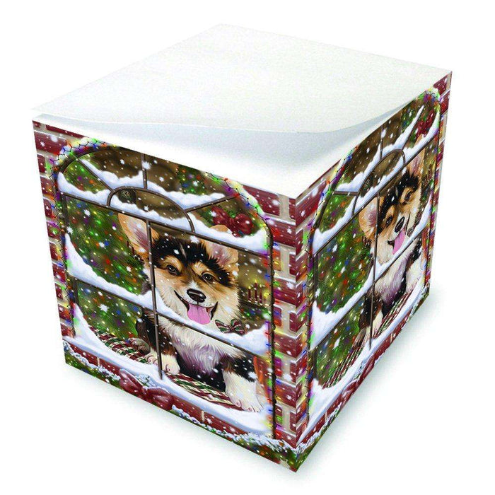 Please Come Home For Christmas Corgi Dog Sitting In Window Note Cube NOC48400