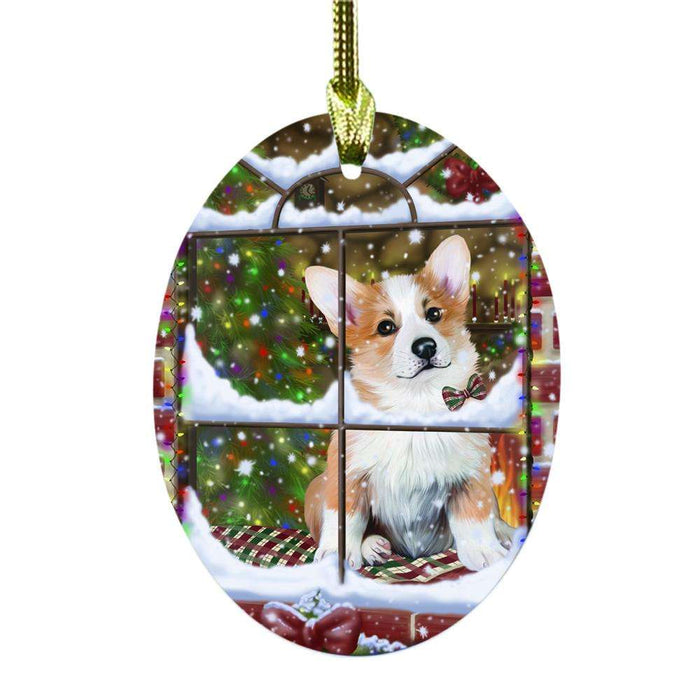 Please Come Home For Christmas Corgi Dog Sitting In Window Oval Glass Christmas Ornament OGOR49163