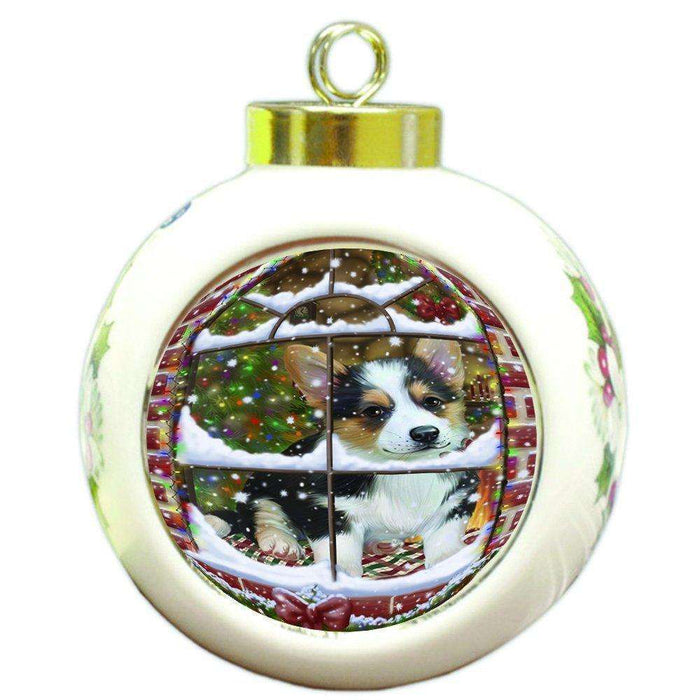 Please Come Home For Christmas Corgi Dog Sitting In Window Round Ball Christmas Ornament RBPOR48399