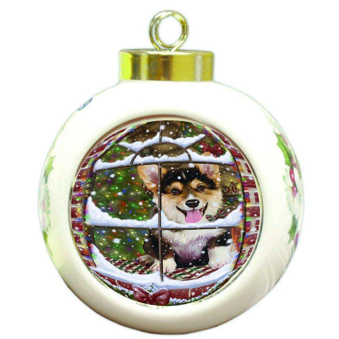 Please Come Home For Christmas Corgi Dog Sitting In Window Round Ball Christmas Ornament RBPOR48400