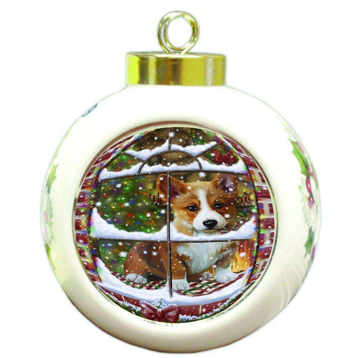 Please Come Home For Christmas Corgi Dog Sitting In Window Round Ball Christmas Ornament RBPOR48401