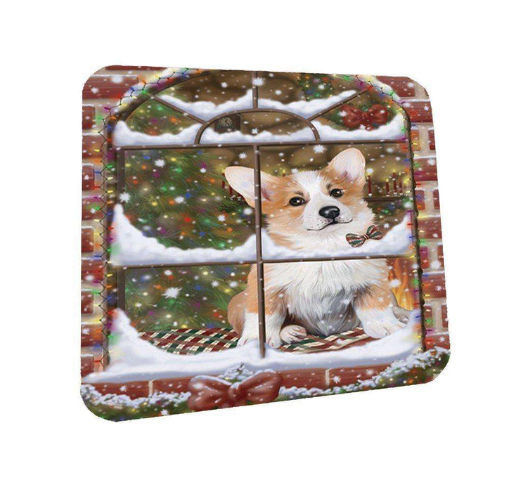 Please Come Home For Christmas Corgis Dog Sitting In Window Coasters Set of 4