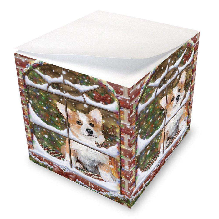 Please Come Home For Christmas Corgis Dog Sitting In Window Note Cube D422