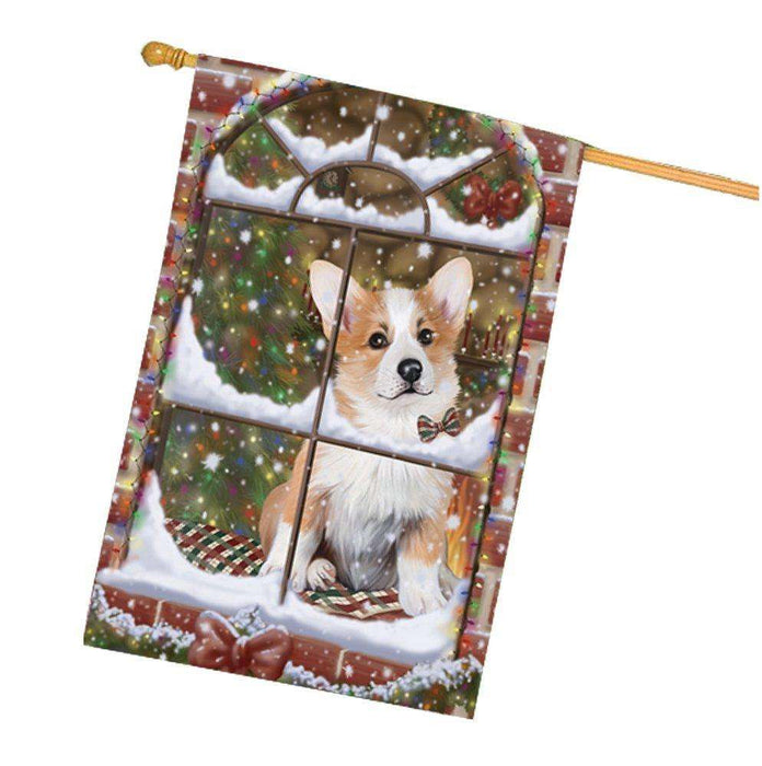 Please Come Home For Christmas Corgis Sitting In Window House Flag