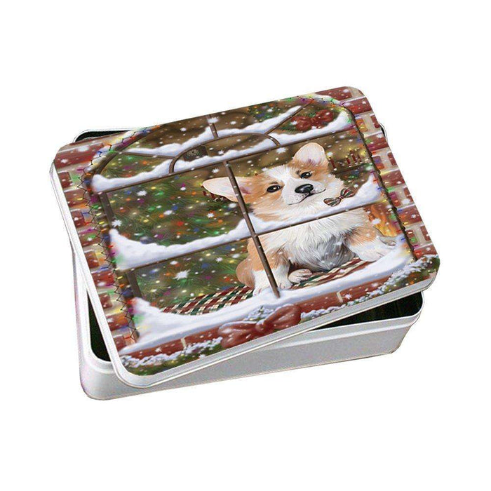 Please Come Home For Christmas Corgis Sitting In Window Photo Storage Tin