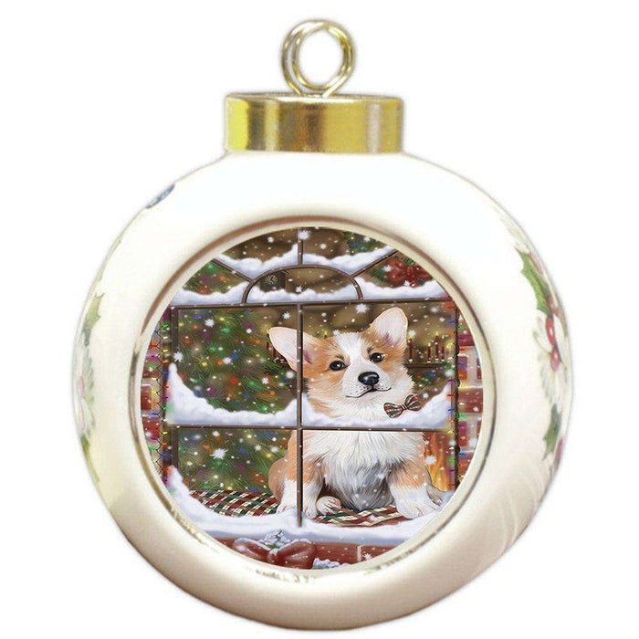 Please Come Home For Christmas Corgis Sitting In Window Round Ball Ornament