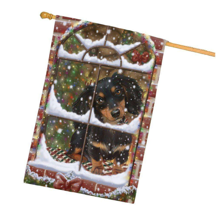 Please Come Home For Christmas Dachshund Dog Sitting In Window House Flag FLG48415