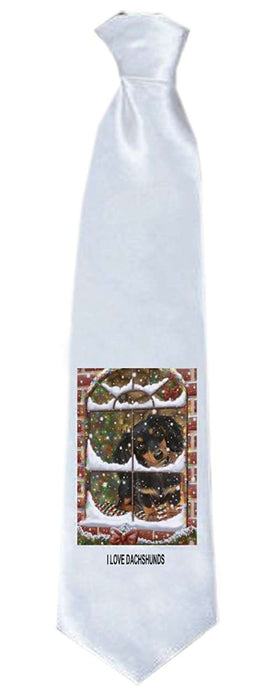 Please Come Home For Christmas Dachshund Dog Sitting In Window Neck Tie TIE48227