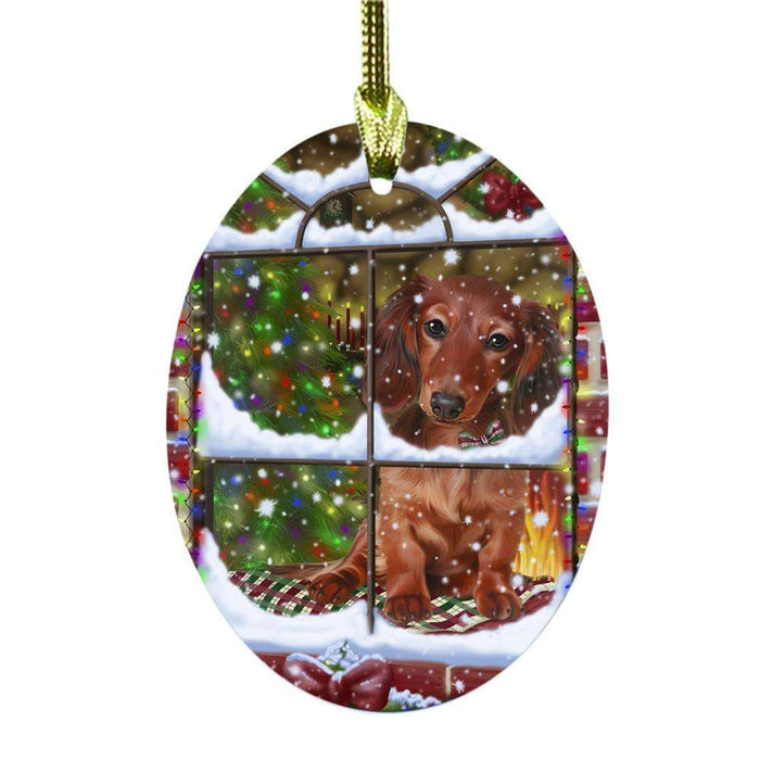 Please Come Home For Christmas Dachshund Dog Sitting In Window Oval Glass Christmas Ornament OGOR49164