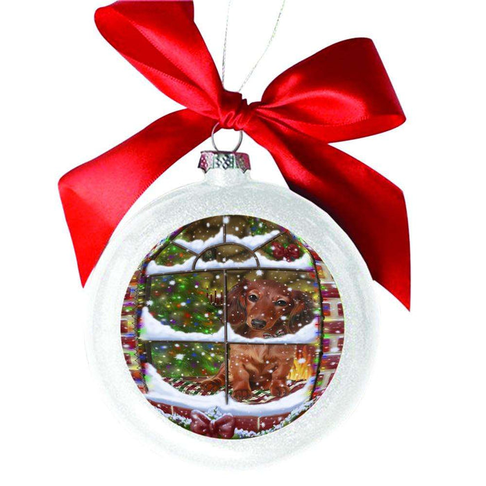 Please Come Home For Christmas Dachshund Dog Sitting In Window White Round Ball Christmas Ornament WBSOR49164