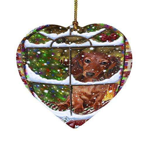 Please Come Home For Christmas Dachshunds Dog Sitting In Window Heart Ornament D362
