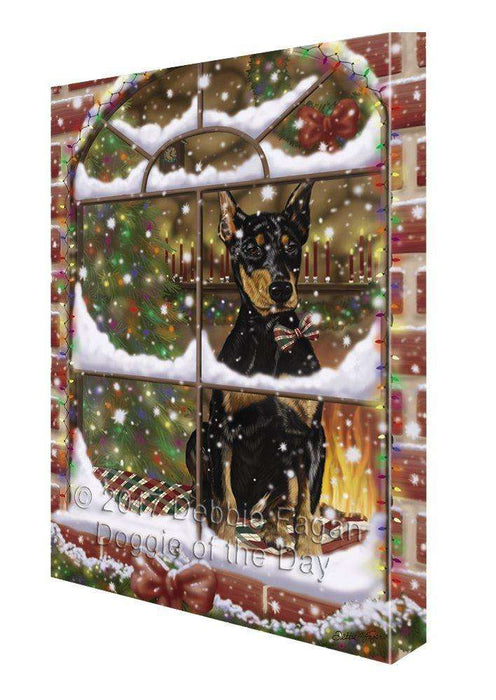 Please Come Home For Christmas Doberman Pinschers Dog Sitting In Window Painting Printed on Canvas Wall Art