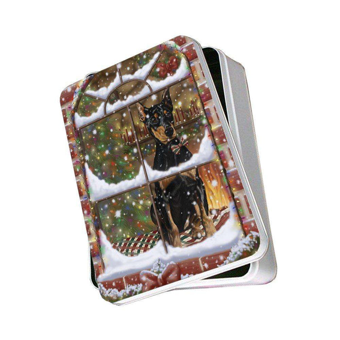 Please Come Home For Christmas Doberman Pinschers Dog Sitting In Window Photo Storage Tin