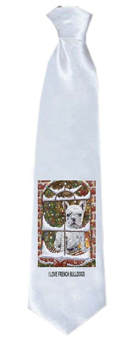 Please Come Home For Christmas French Bulldog Sitting In Window Neck Tie TIE48228