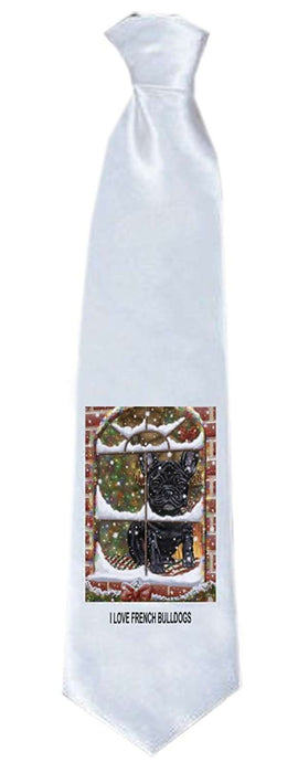 Please Come Home For Christmas French Bulldog Sitting In Window Neck Tie TIE48229