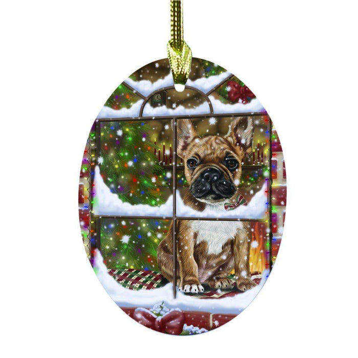 Please Come Home For Christmas French Bulldog Sitting In Window Oval Glass Christmas Ornament OGOR49167