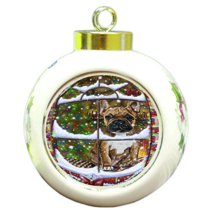 Please Come Home For Christmas French Bulldogs Dog Sitting In Window Round Ball Ornament D392