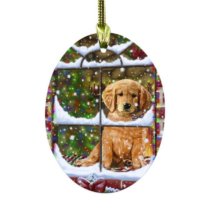 Please Come Home For Christmas Golden Retriever Dog Sitting In Window Oval Glass Christmas Ornament OGOR49169
