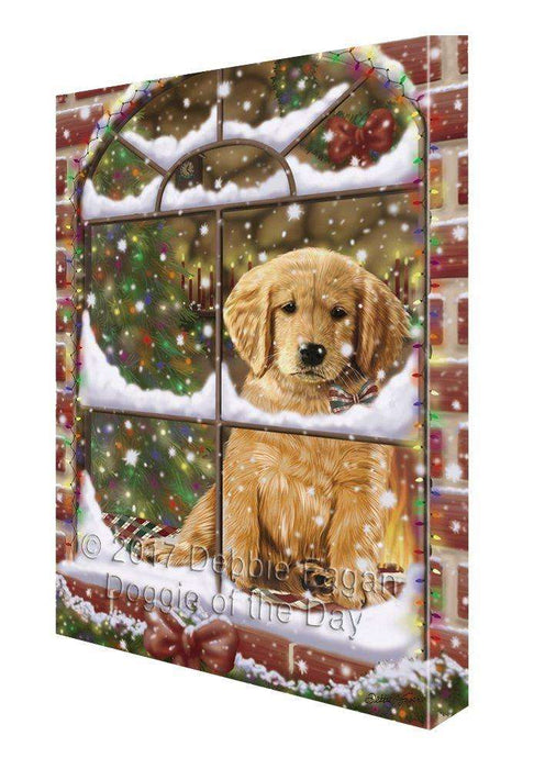 Please Come Home For Christmas Golden Retrievers Dog Sitting In Window Canvas Wall Art